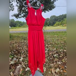 Girls Red Asymmetrical Jeweled Dress